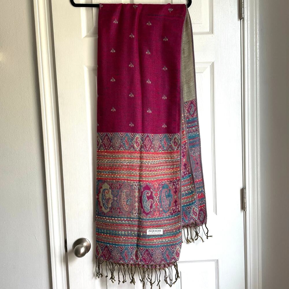 Pashmina Scarf Shawl 55% Pashmina Cashmere 45% Silk Blend Pink Green 73"x27"